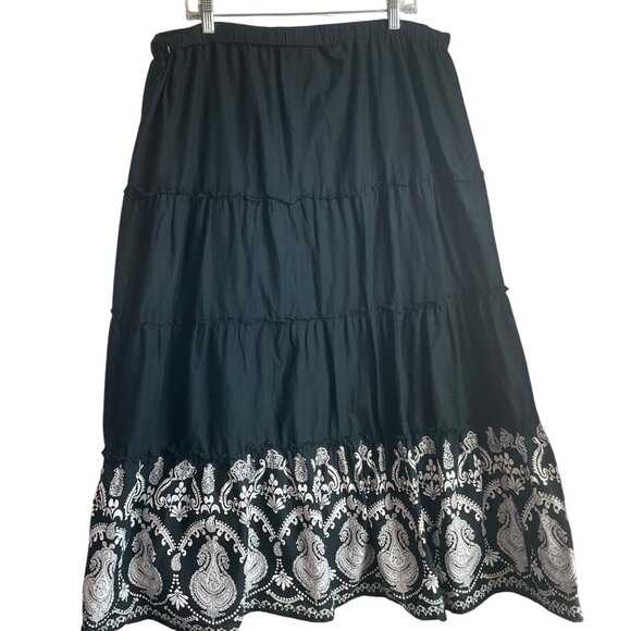 VTG Venezia Sz 18/20 Black Paisley Tiered Maxi Skirt Cotton Made India Boho - Picture 2 of 10